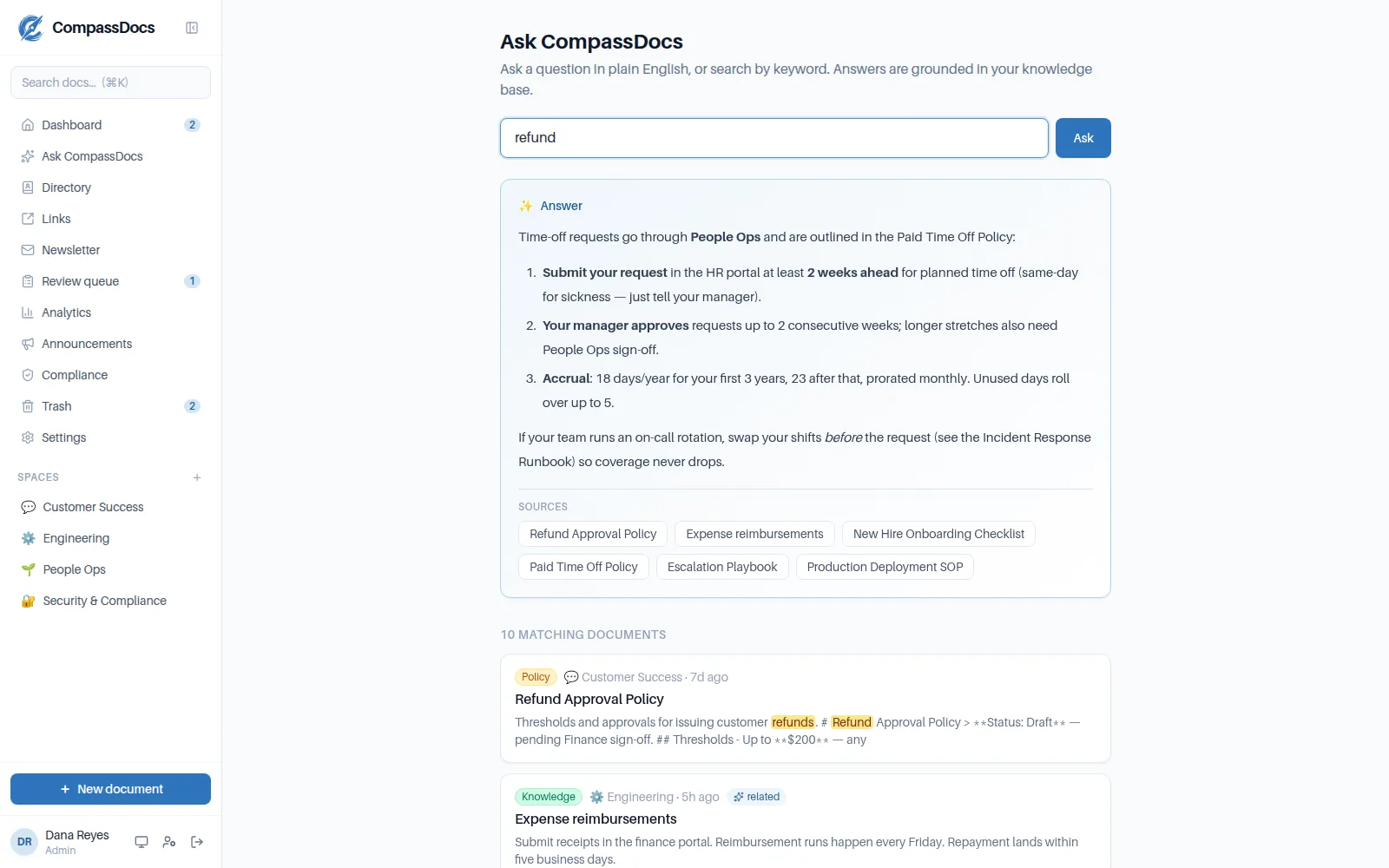 CompassDocs answering an engineering question with citations from internal docs