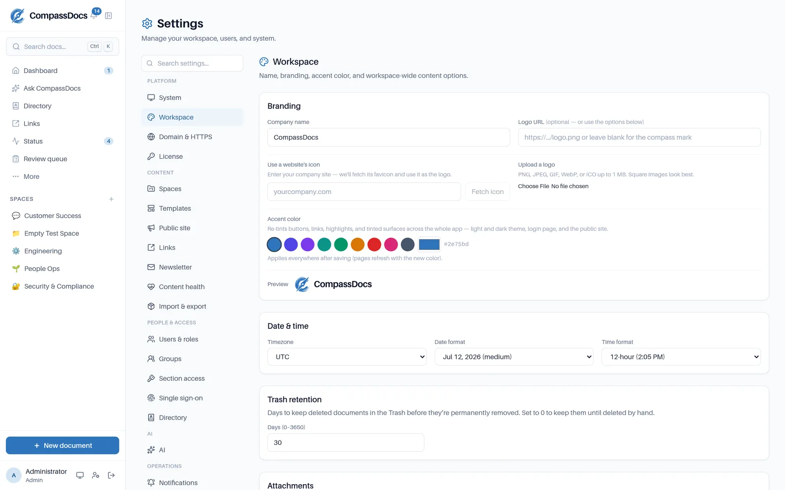 The CompassDocs admin console showing system health, database stats, storage, and version information